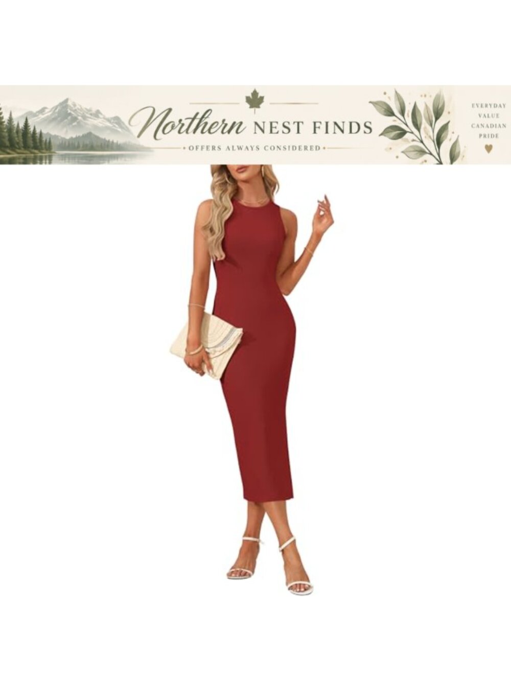 Women's Sleeveless Ribbed Knit Bodycon Midi Dress with Slit